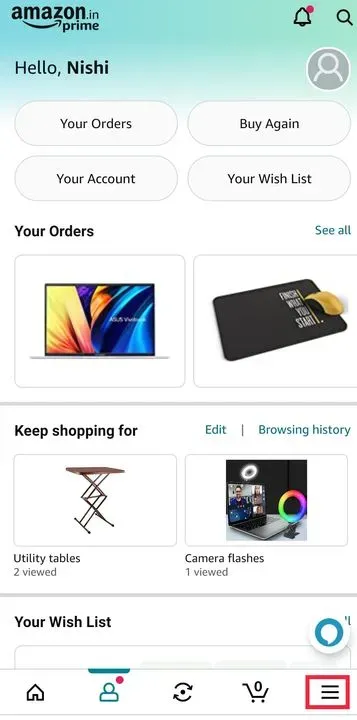 Image showing Amazon app homepage and Menu selection